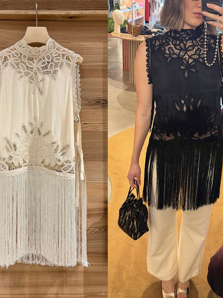 Tassel Fringe Trim - Camicia da donna senza maniche con