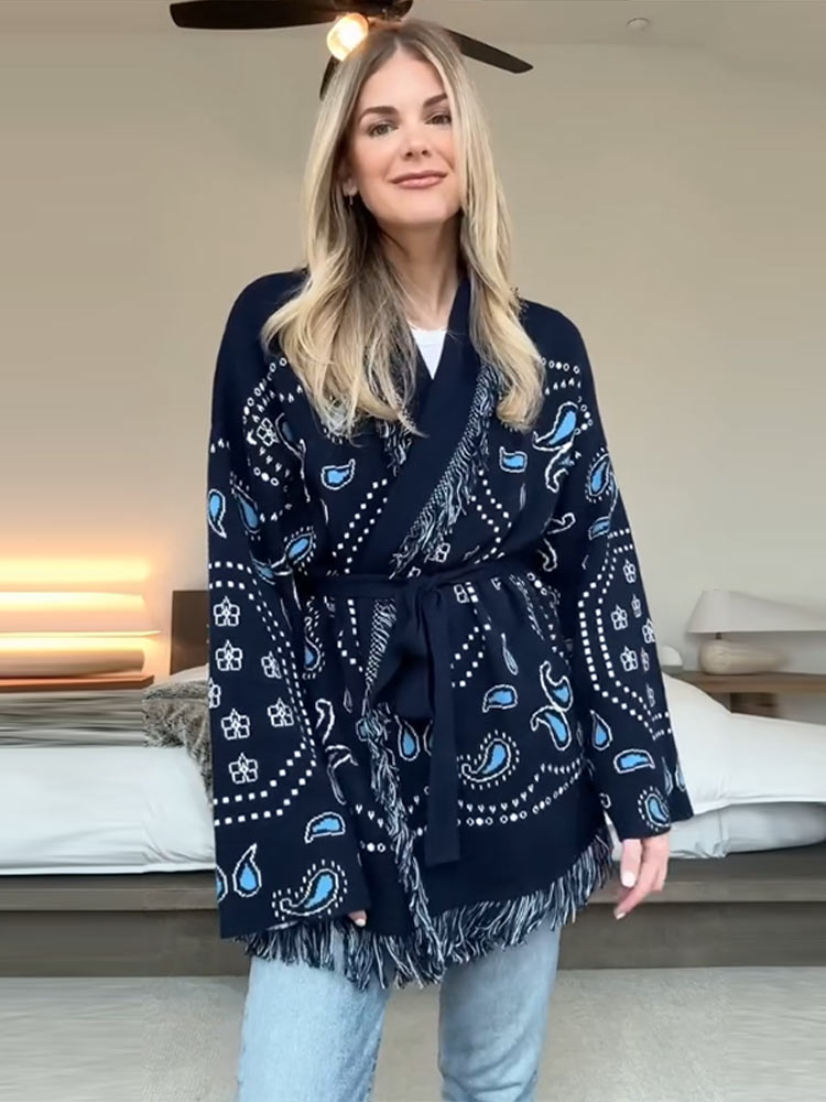 Cardigan Elegante con Stampa e - Tassel Fringe Trim recensione e prezzo